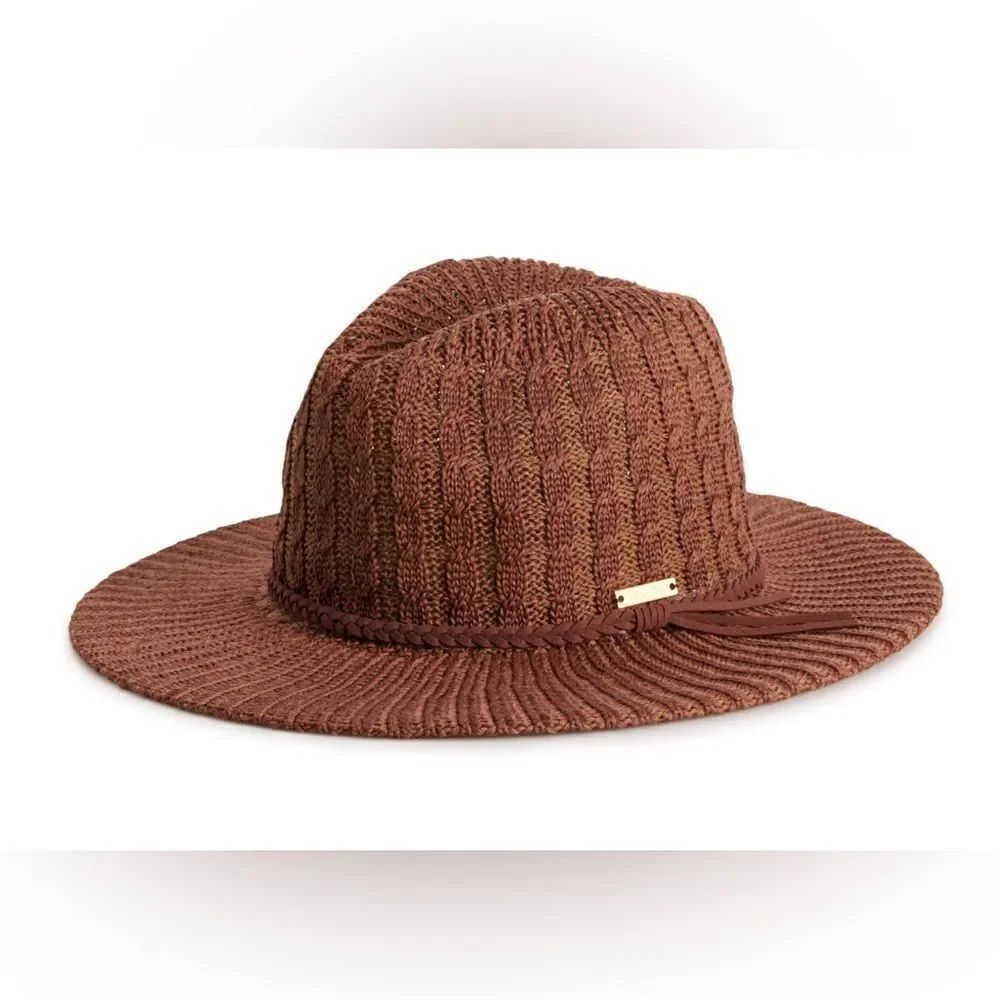 Nine West Cable Knit Chocolate Packable Panama Hat Braided Cord Band